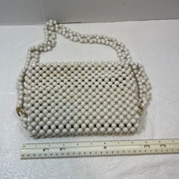 VTG White Beaded Fold Over Retro Shoulder Handbag Made in Japan 9"x6" - Picture 14 of 14